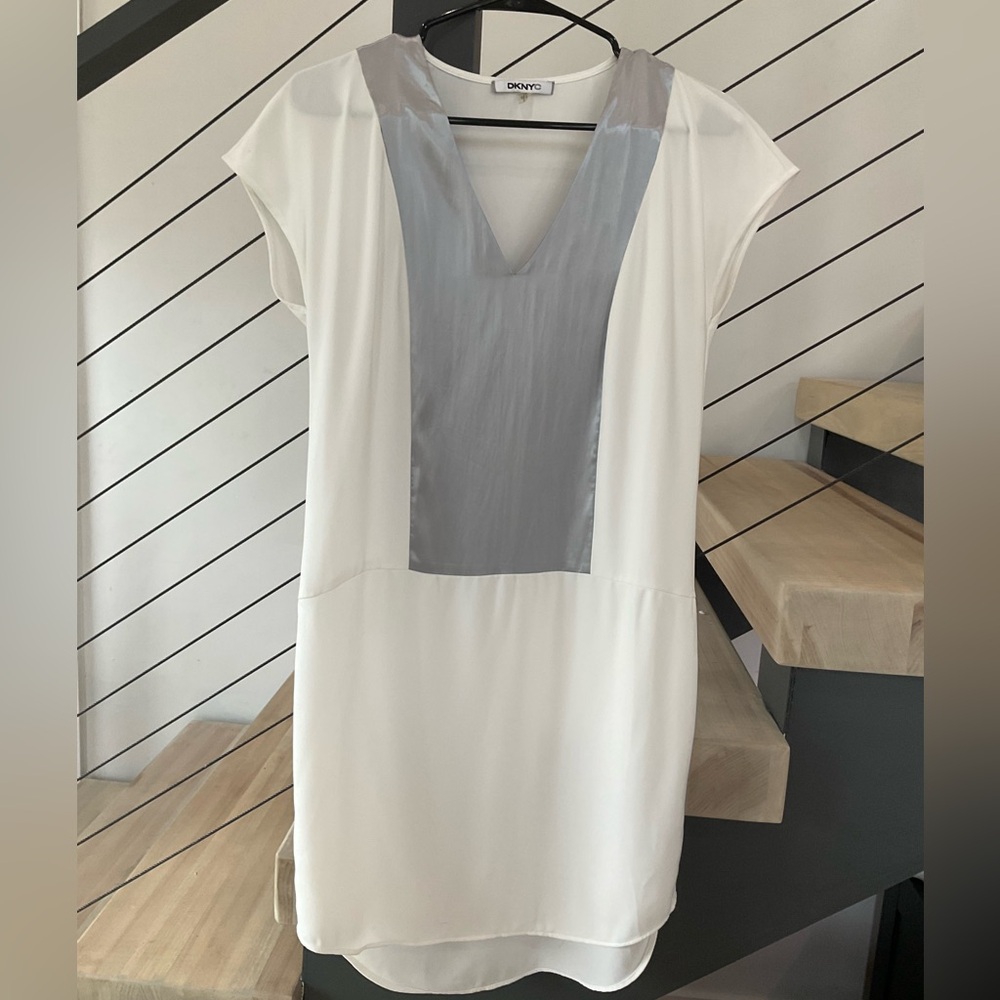 DKNY White and Silver Hi-Low Shirt Dress - XSmall